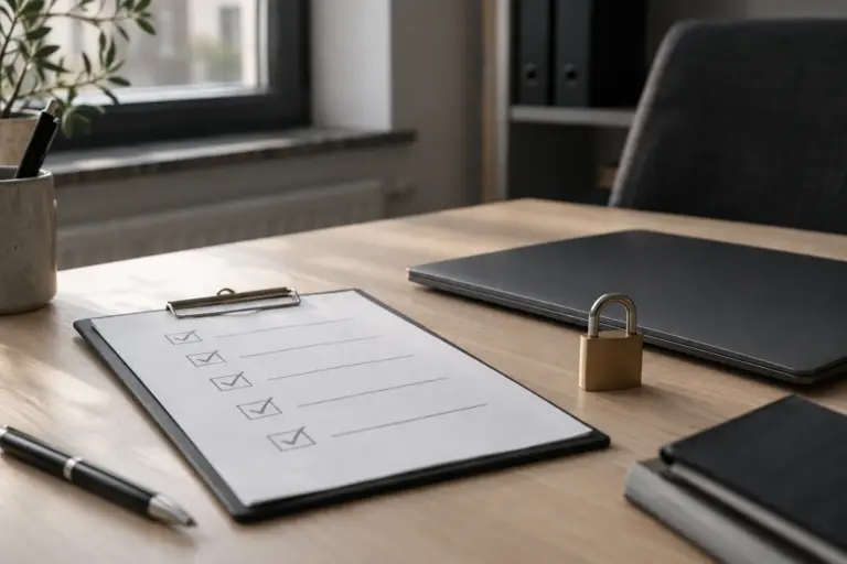 Checkliste und Laptop als Symbol für Datenschutz-Leistungen