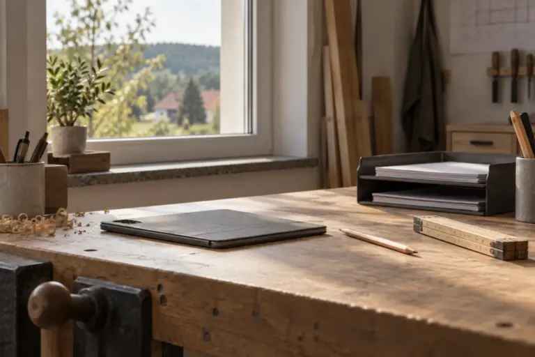 Werkstattbüro eines Handwerksbetriebs mit Auftragsformularen und Tablet
