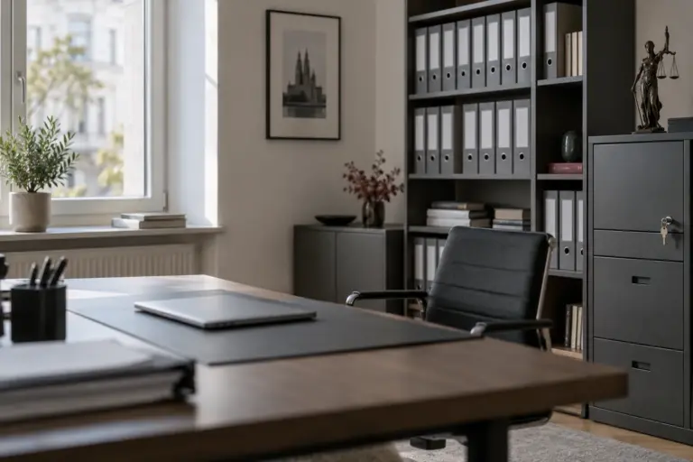 Büro einer Kanzlei mit Aktenregalen und abschließbarem Schrank
