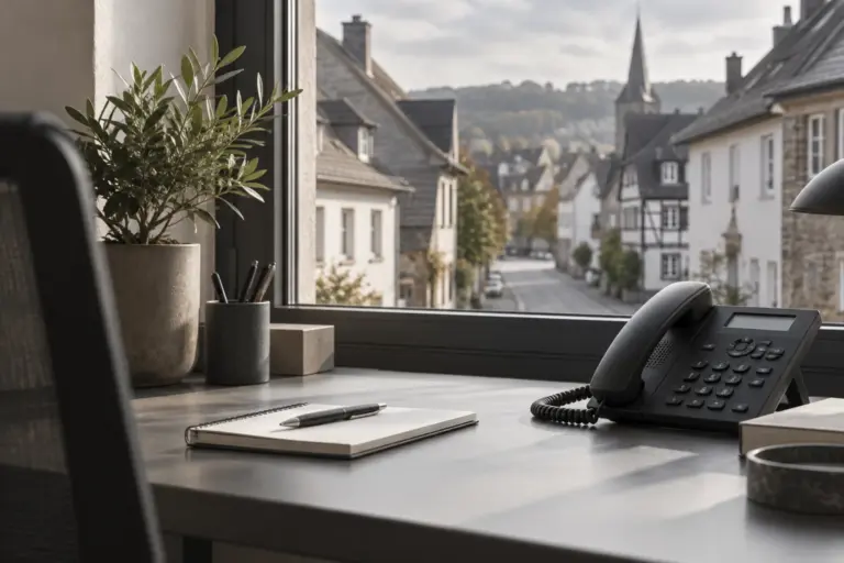 Telefon und Notizblock auf einem Schreibtisch am Fenster