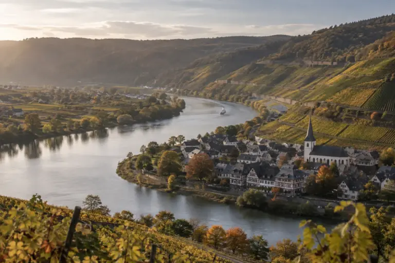 Moselschleife mit Weinbergen und Fachwerkdorf