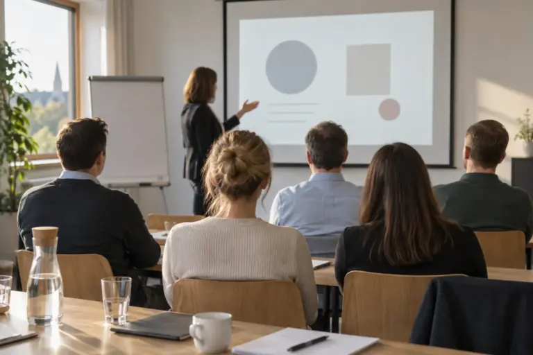 Mitarbeitende in einer Datenschutzschulung, von hinten fotografiert