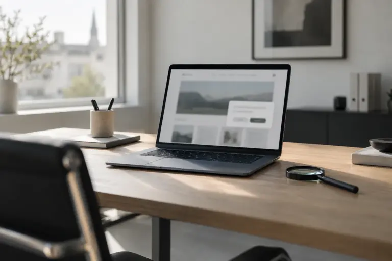 Laptop mit Website und Lupe auf einem Schreibtisch